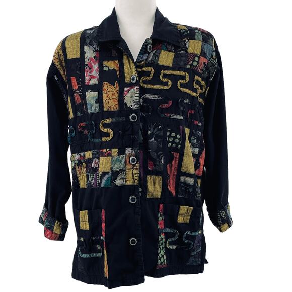 Yak Magic Vintage Black Multicolor Patchwork Vibrant Button Down Shirt Size M - Picture 1 of 13